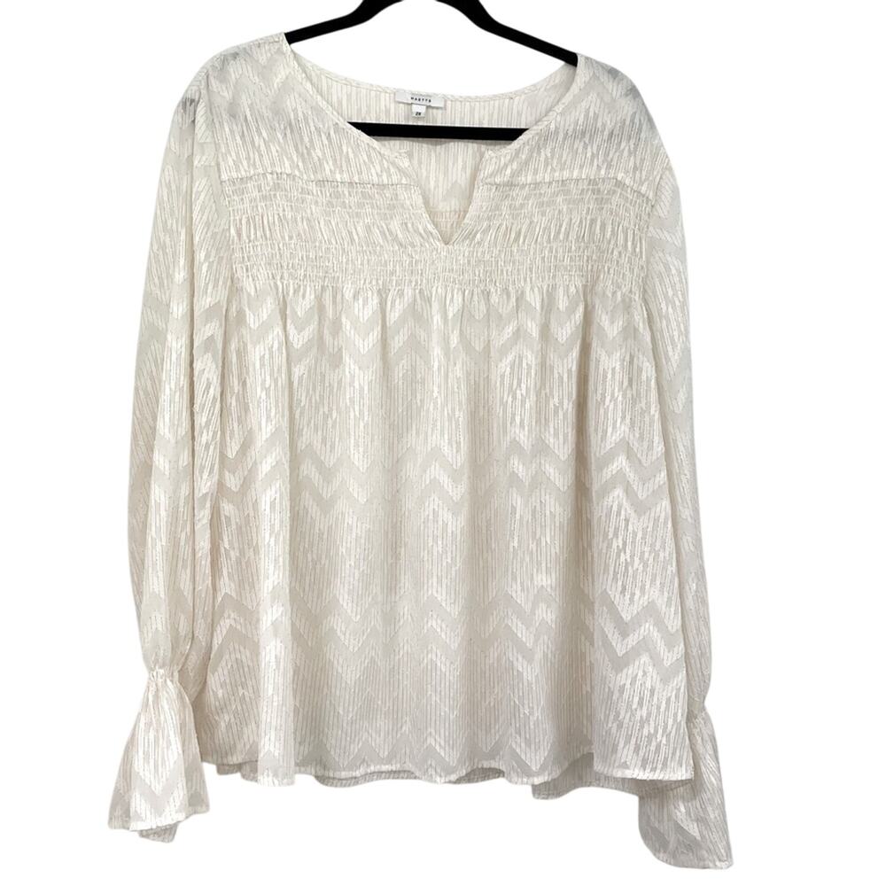 Maette Cream & Gold Striped Metallic Long Sleeve Blouse Womens 2X Boho Shirt Top